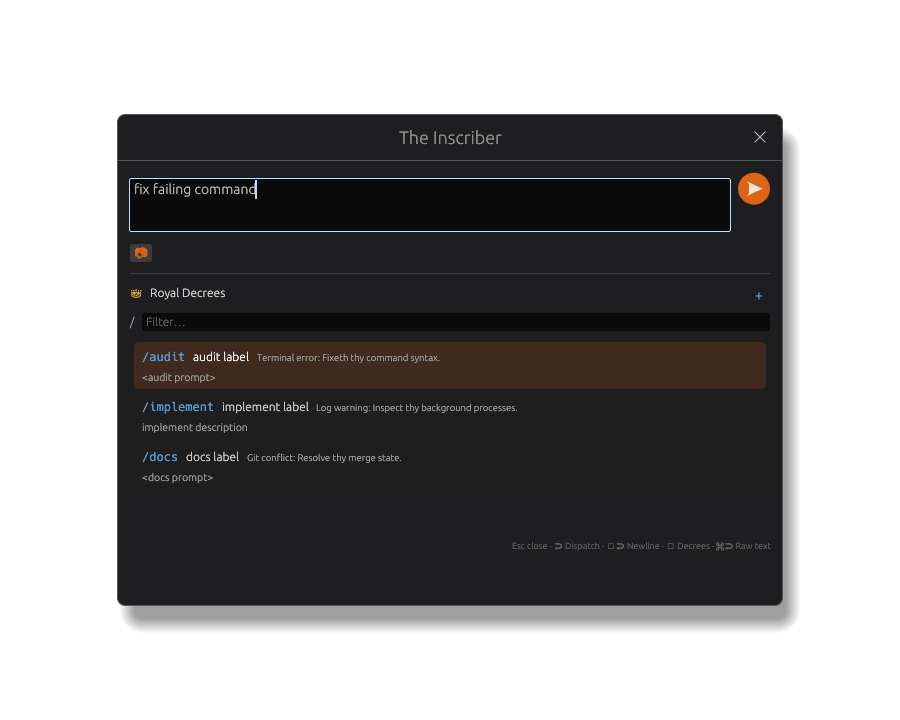 Inscriber with typed compose text and contextual Decree predictions