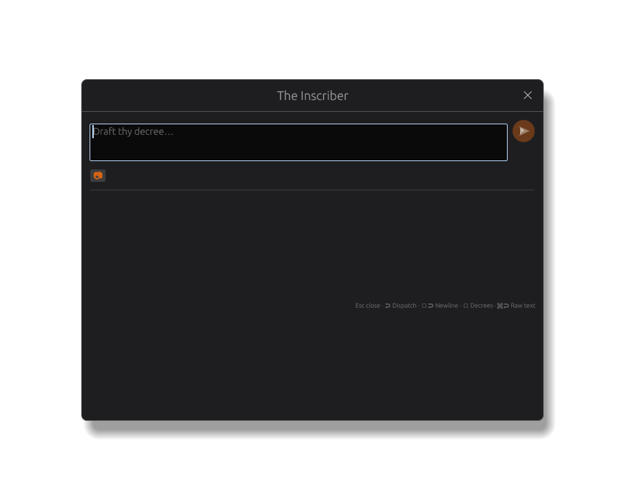 Empty Inscriber modal with composer, send button, and attachment control