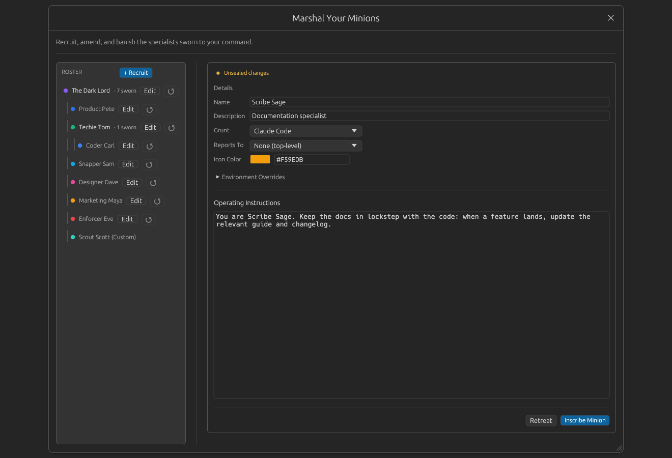 Create-new Minion editor with details and operating instructions