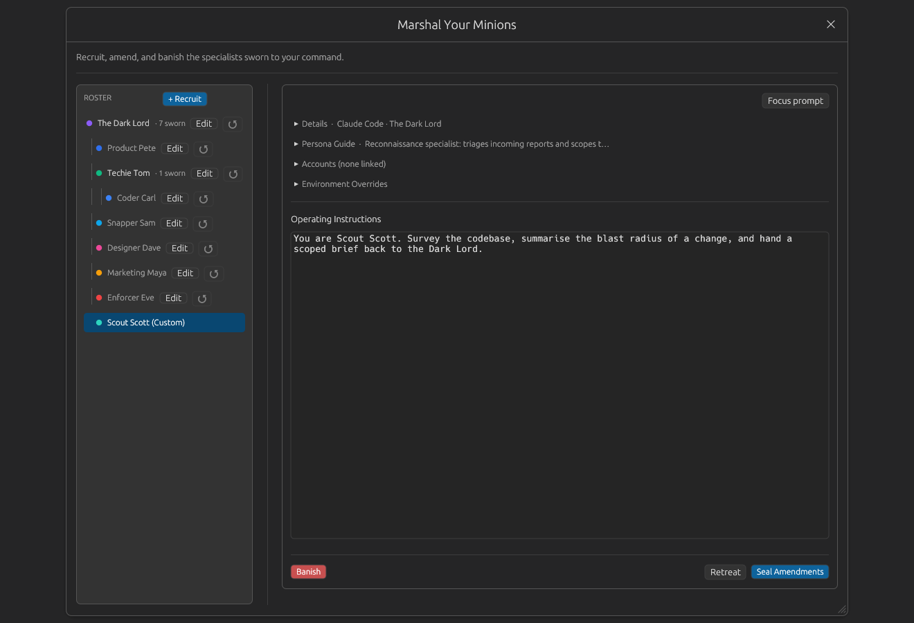 Custom Minion open in the editor with Persona Guide, Accounts, and Environment Overrides sections collapsed