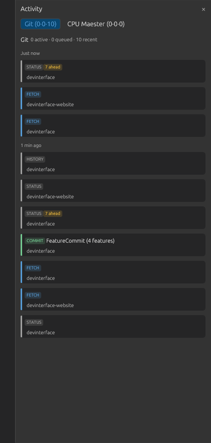Git activity panel with recent operations