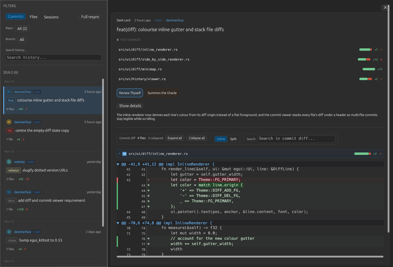 Multi-file history commit with one diff section expanded and the rest collapsed
