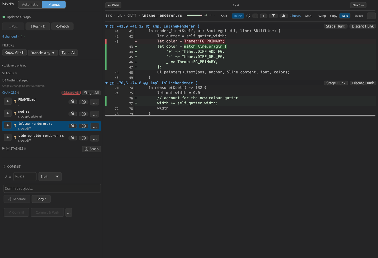 Manual Review with an inline diff selected