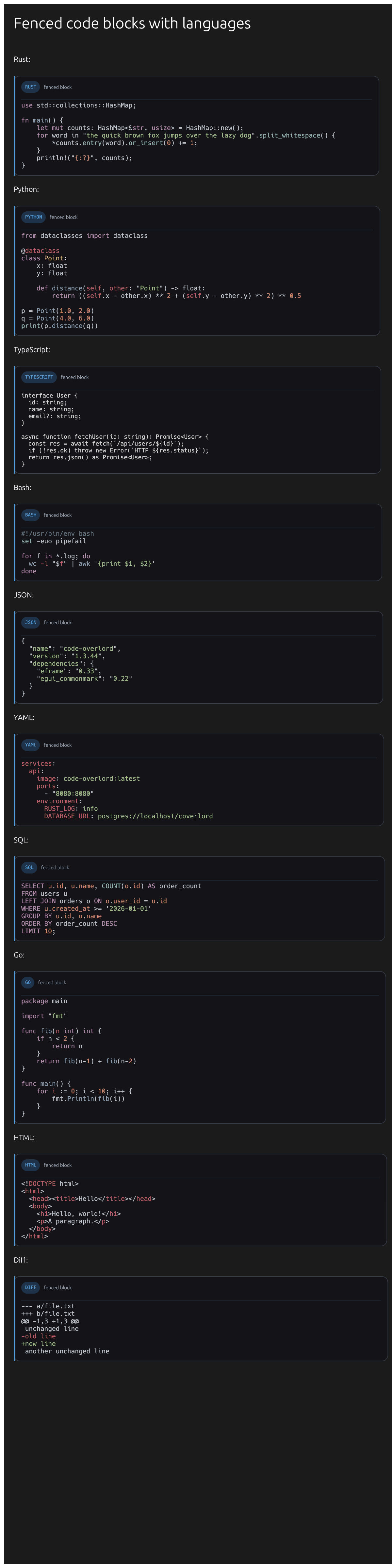 Markdown code blocks with language labels and syntax highlighting