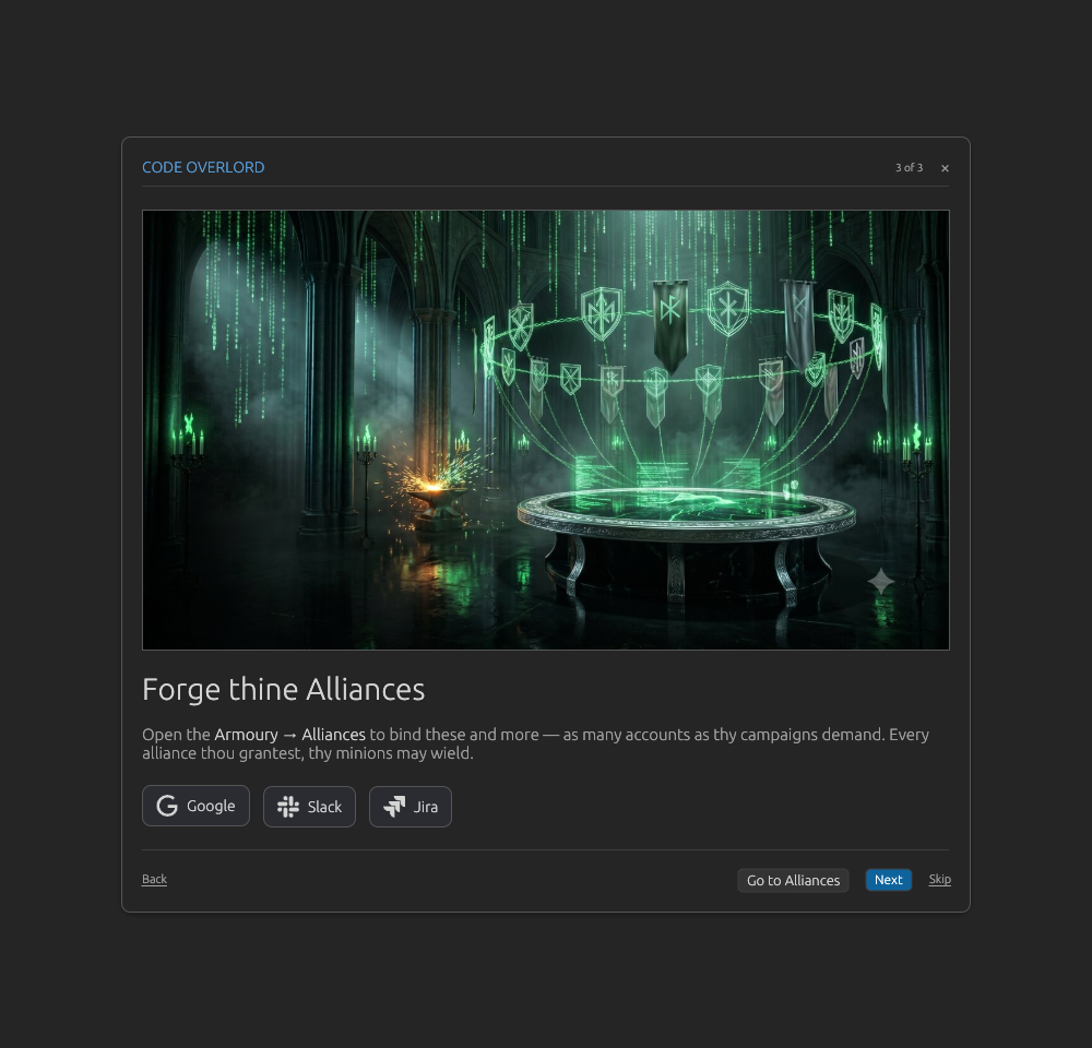 Alliances onboarding slide with Google, Slack, and Jira buttons
