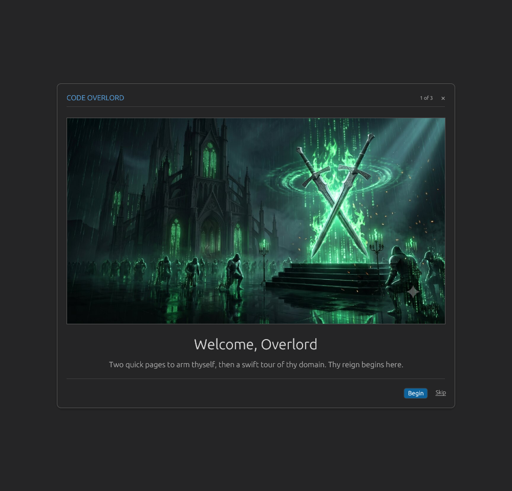 Welcome slide in the Code Overlord onboarding flow