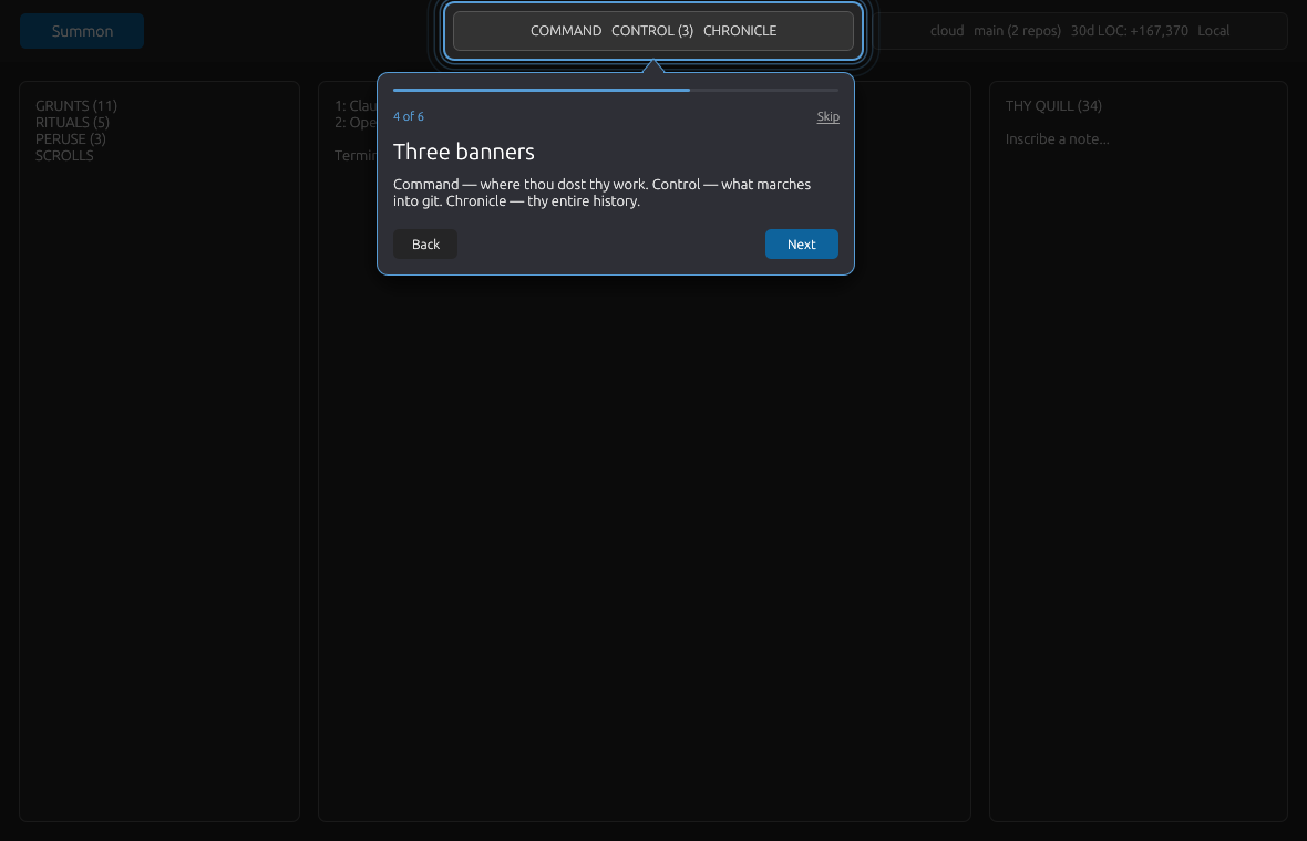 Guided tour highlighting the Command, Control, and Chronicle tabs