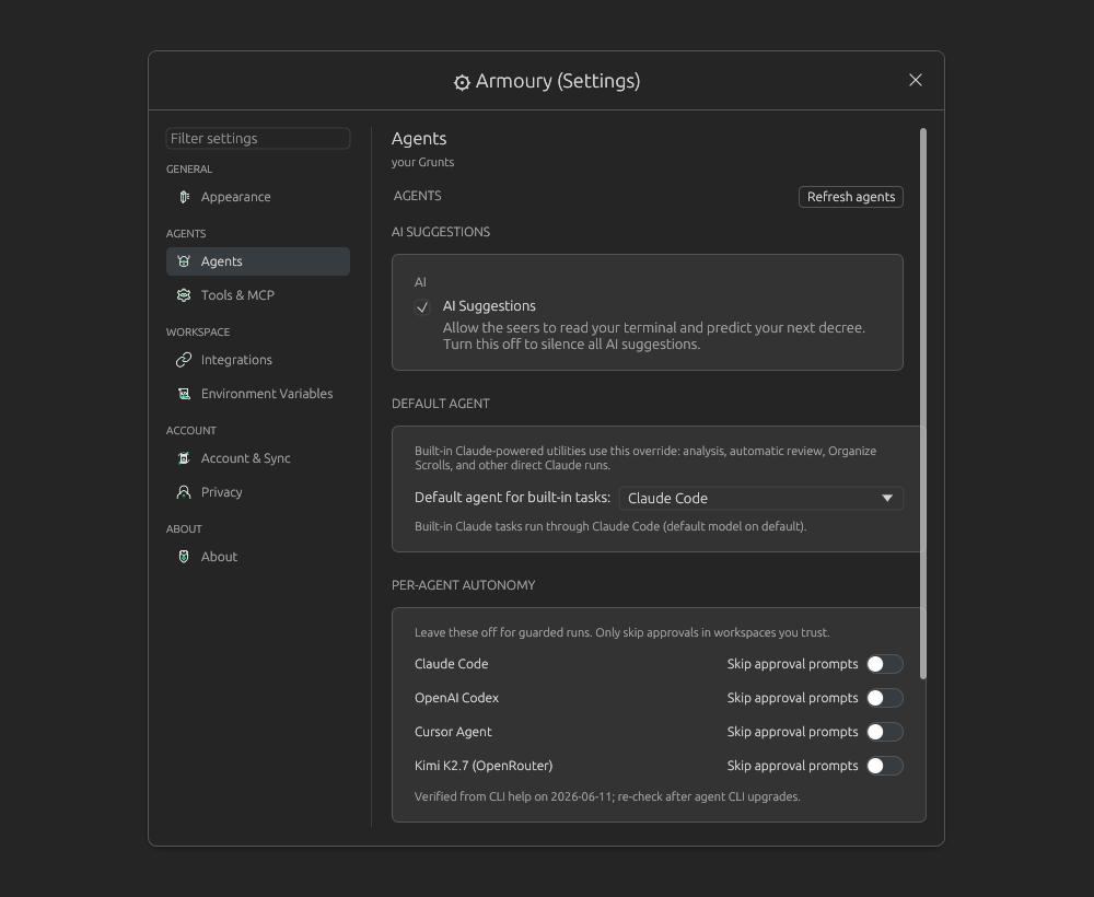Armoury Agents page showing the configured agent roster and per-agent autonomy toggles