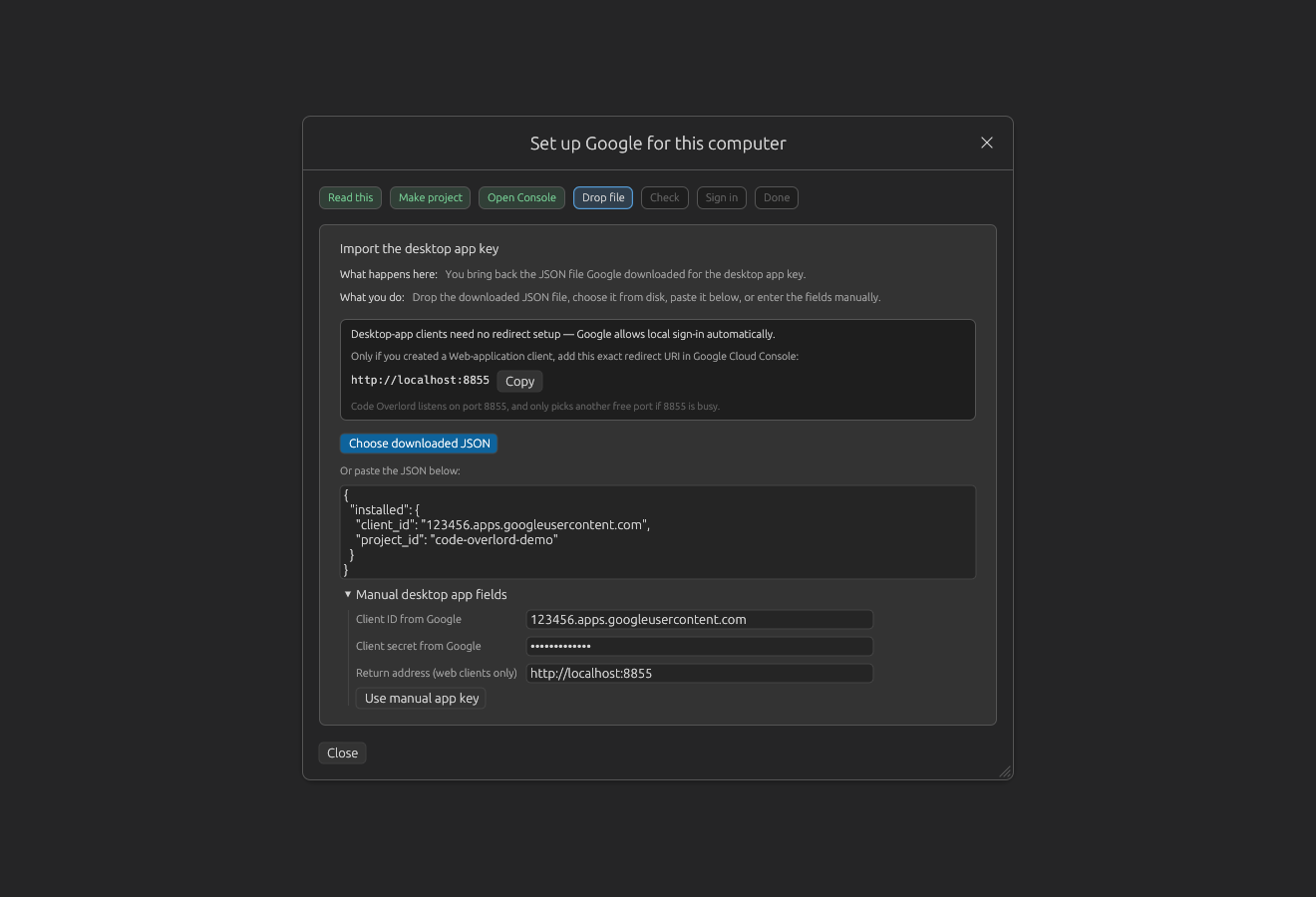 Google guided setup JSON import step
