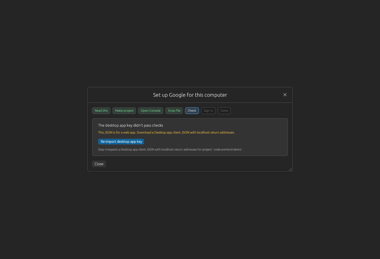 Google guided setup validation error for web app JSON
