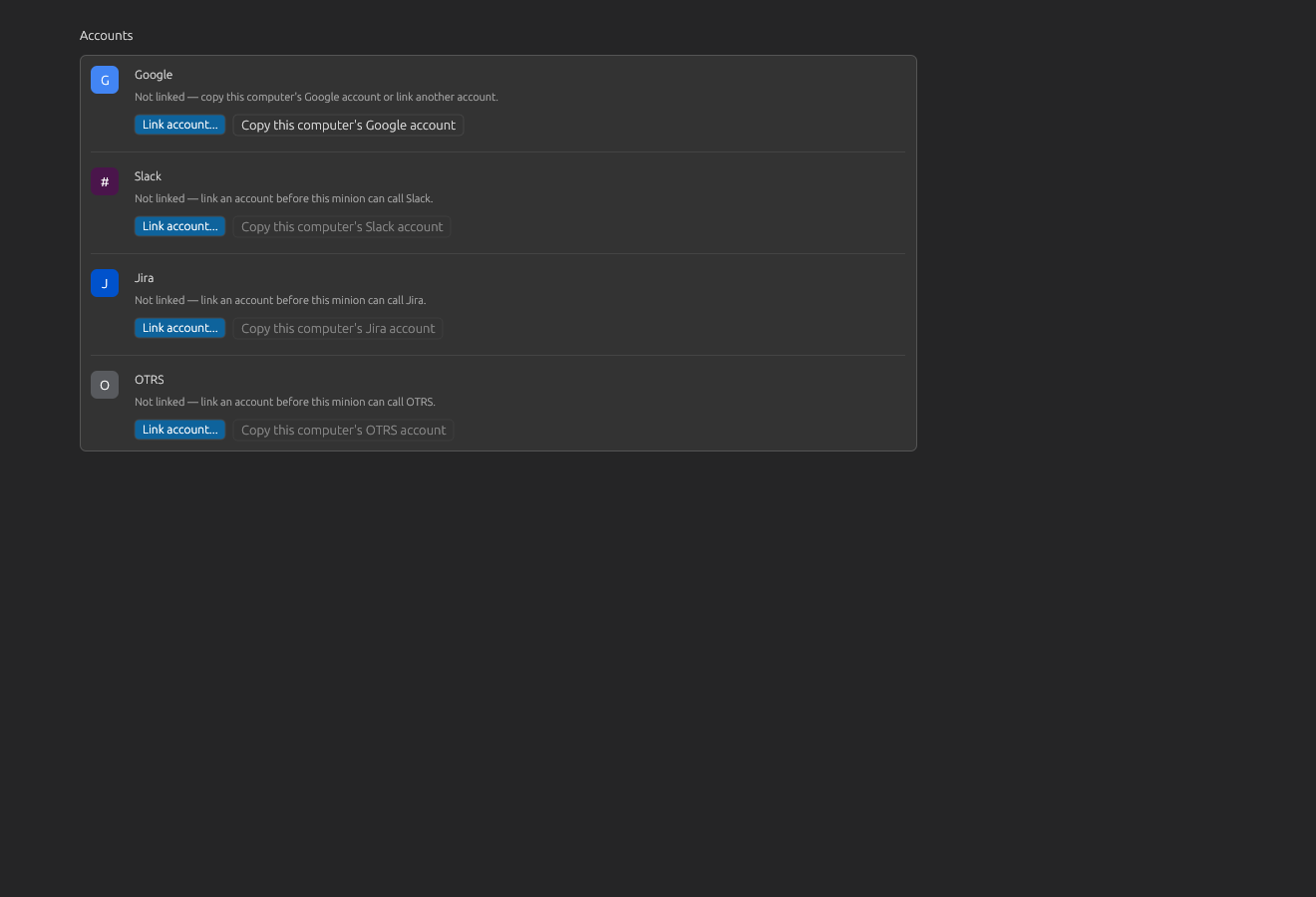 Minion Accounts panel with Google not yet linked
