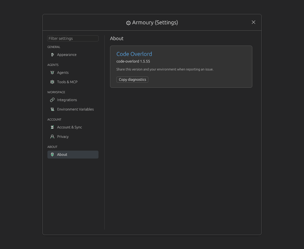 Armoury About page with Code Overlord version and diagnostics button