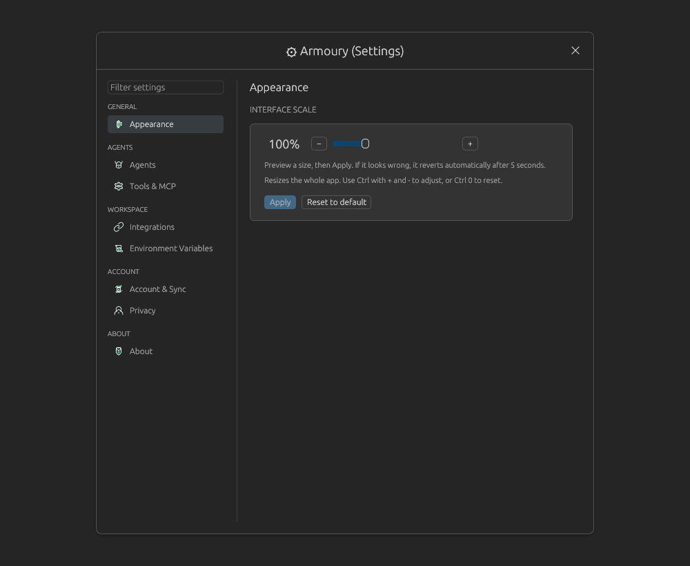 Armoury Appearance page at 100 percent scale
