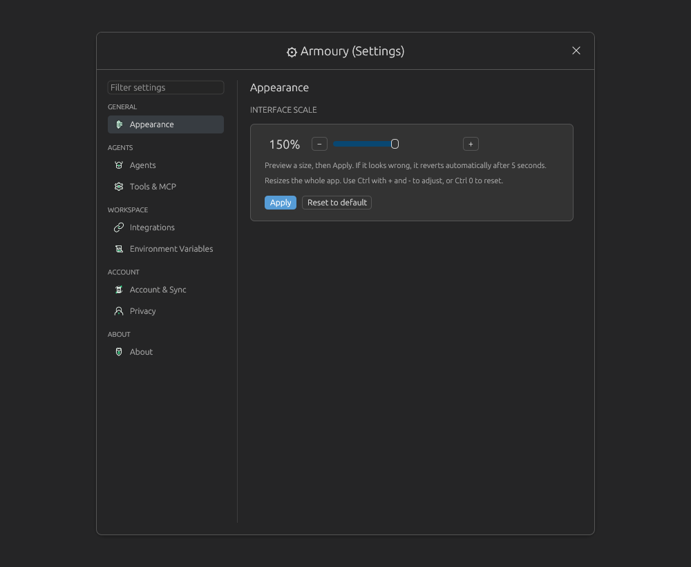 Armoury Appearance page with 150 percent staged