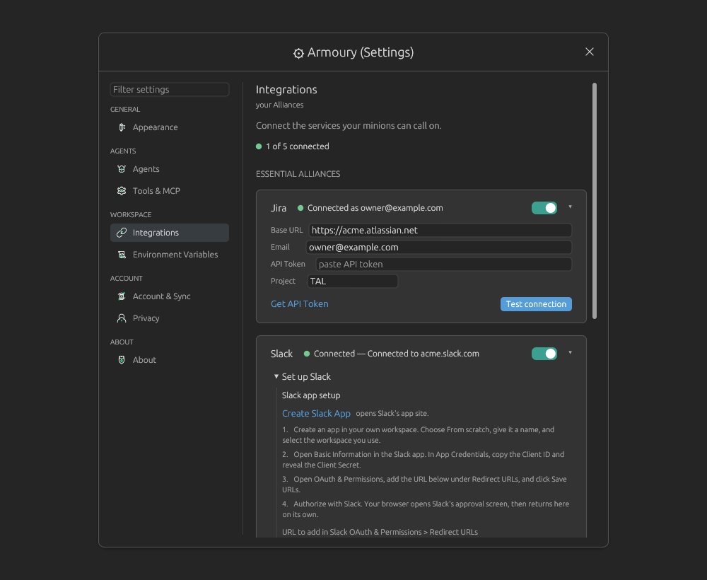 Armoury Integrations page with Jira and Slack cards