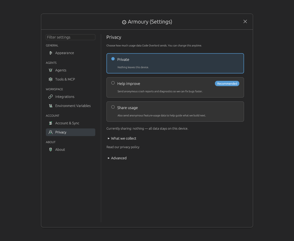 Armoury Privacy page with three privacy choices