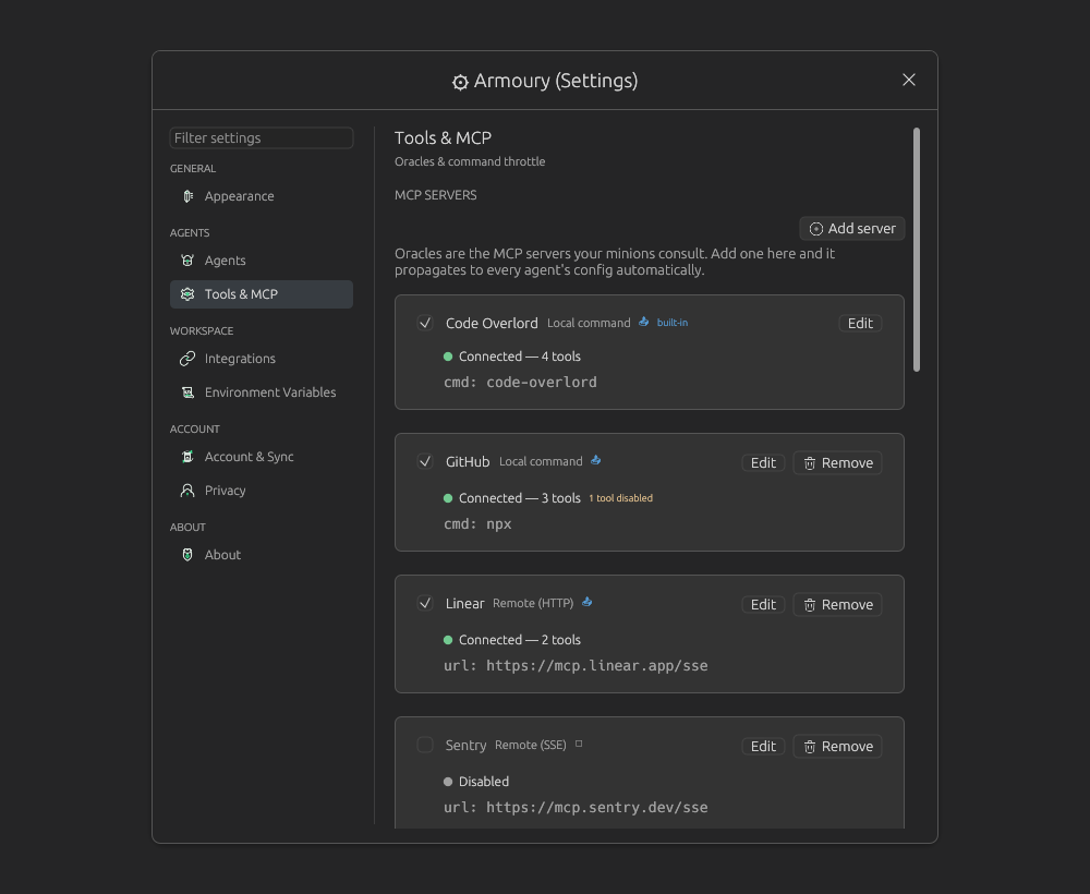 Armoury Tools and MCP page with Oracle server cards