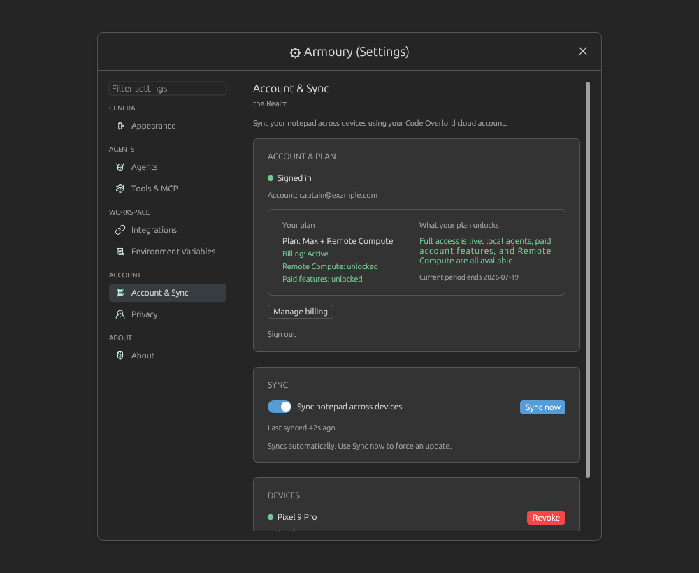Account and Sync settings showing plan, sync toggle, and paired phone