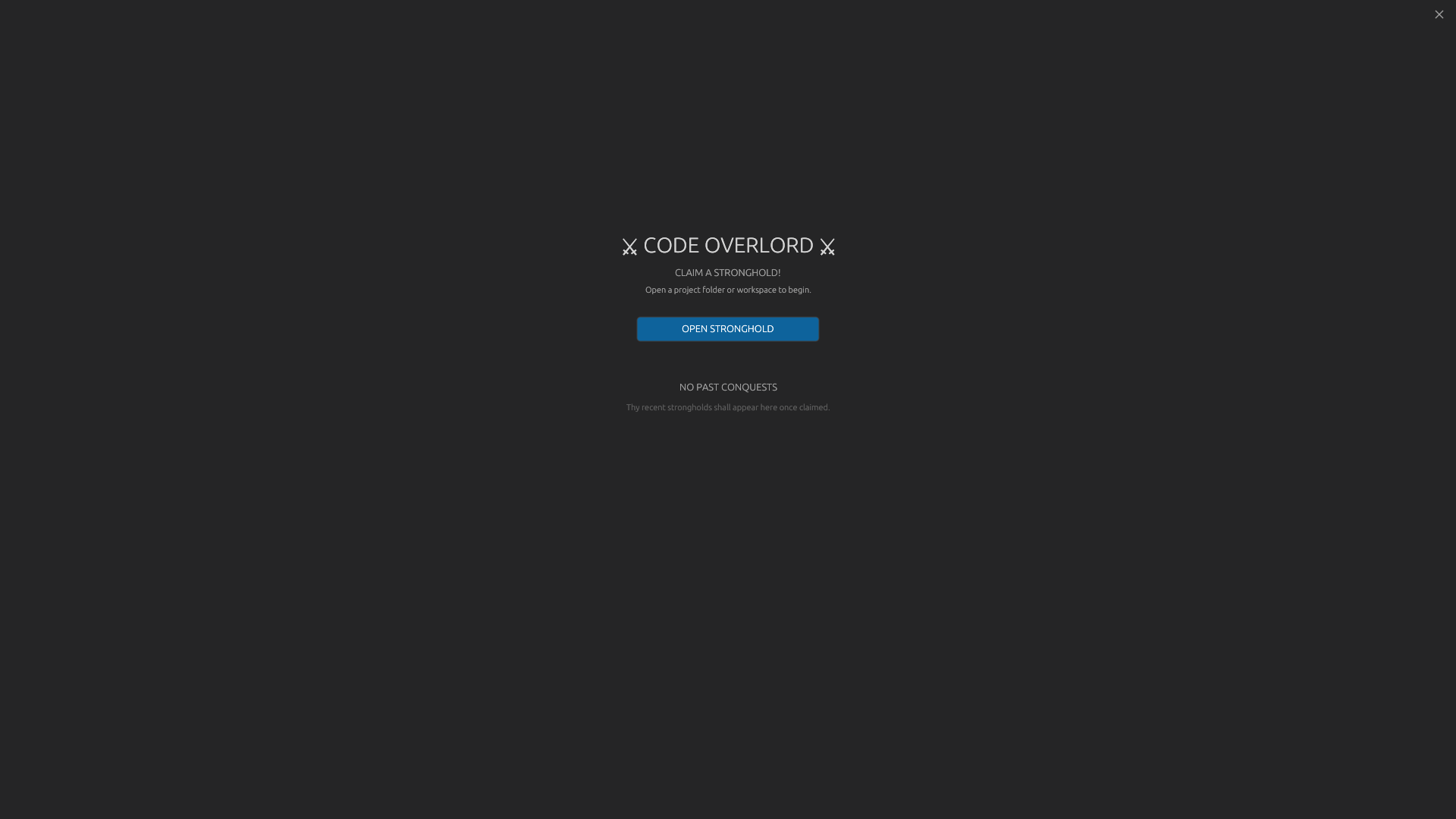 Welcome screen with the CLAIM A STRONGHOLD heading, OPEN STRONGHOLD button, and an empty recent-workspaces list