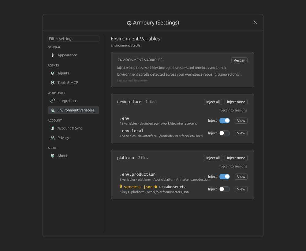 Environment Variables settings showing gitignored env files grouped by workspace repo