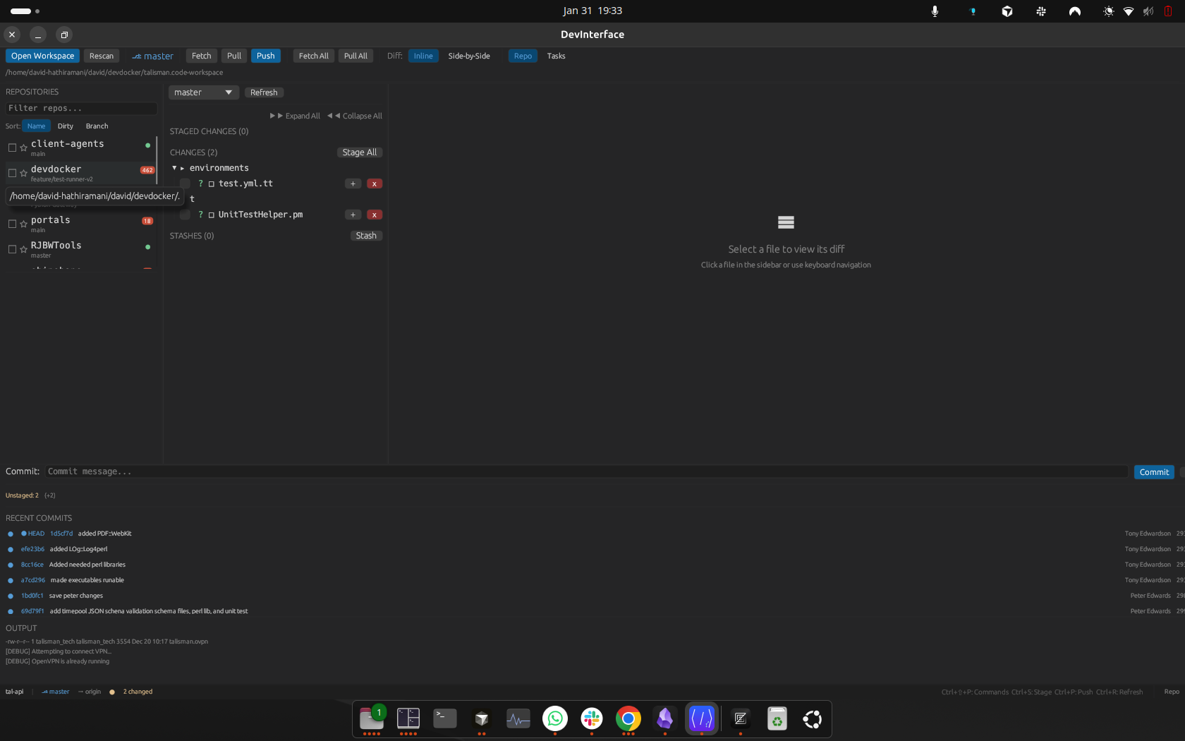 Code Overlord with a workspace open, showing the Open Workspace button, the loaded workspace file path, and the REPOSITORIES panel of discovered Git repos