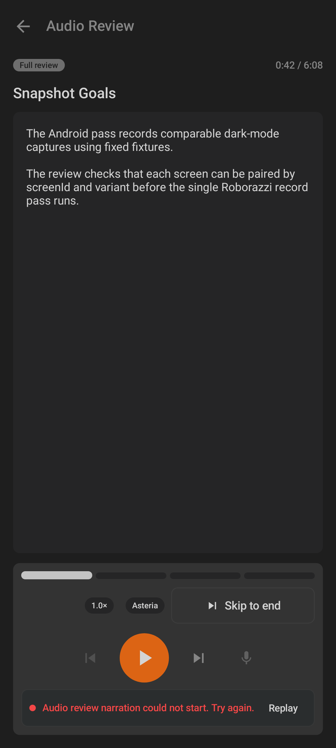 Audio Review screen on Android