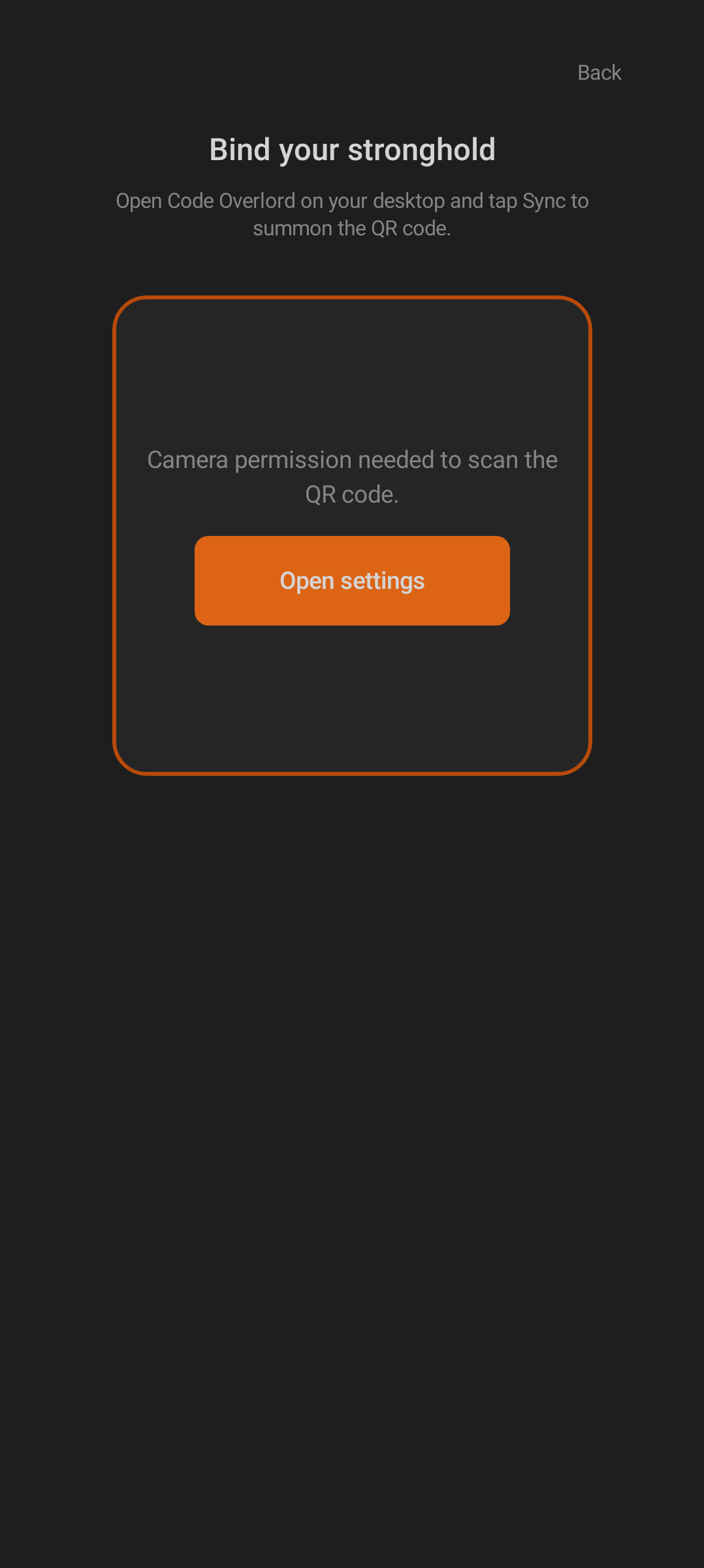 Desktop pairing screen prompting for camera permission