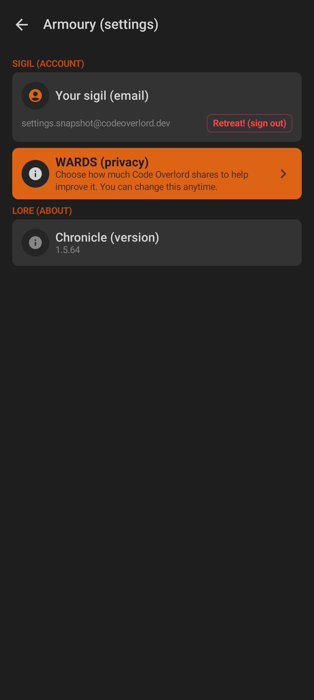 Armoury settings on Android