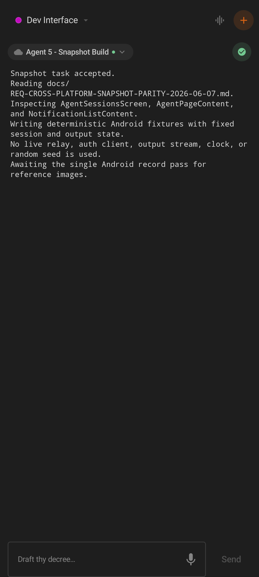Android Minions screen with agent output, workspace controls, voice action, and prompt input