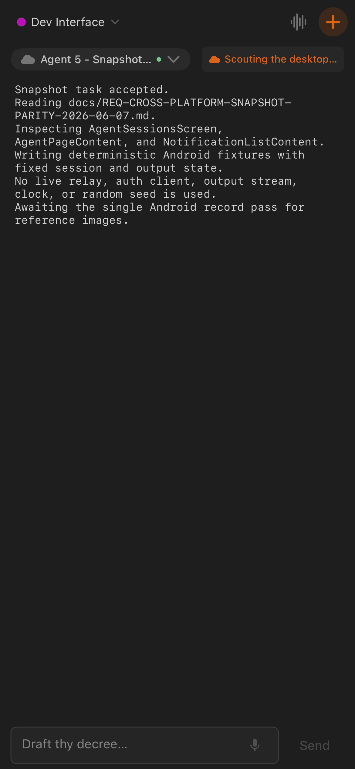 iOS Minions screen with agent output, workspace controls, voice action, and prompt input