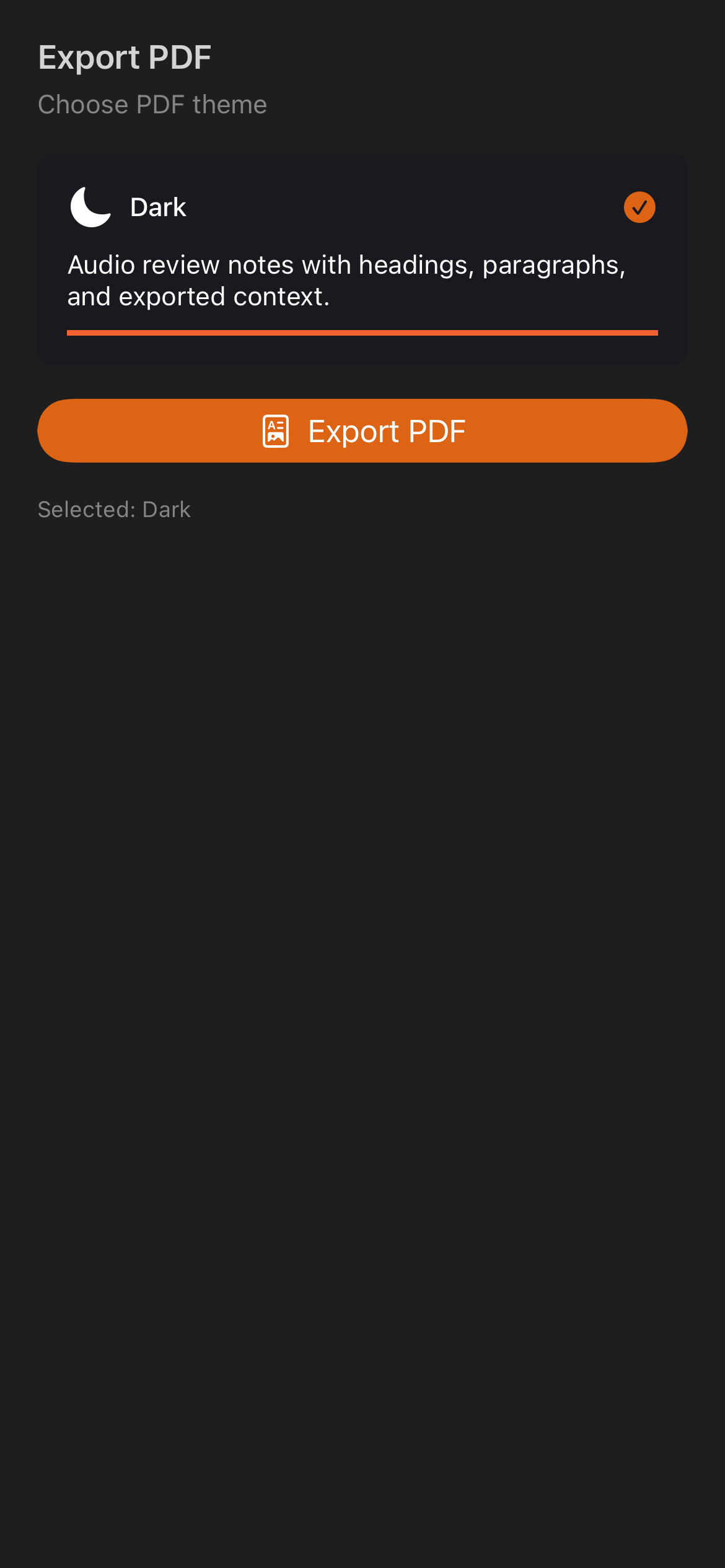 iOS export PDF theme picker with theme options