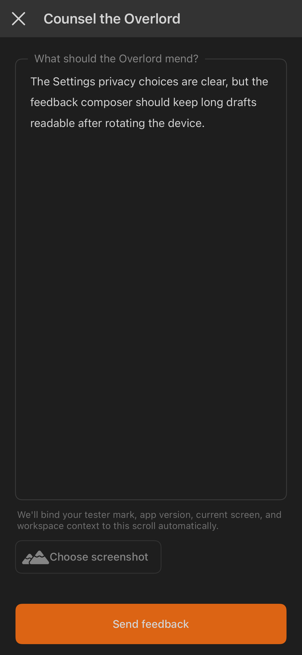 iOS feedback composer with message field and screenshot attachment control