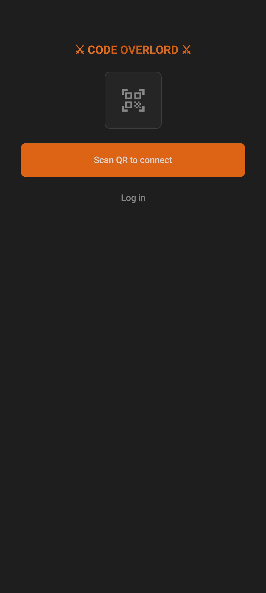 Android login screen with Code Overlord title, QR scanner cue, Scan QR to connect button, and Log in option