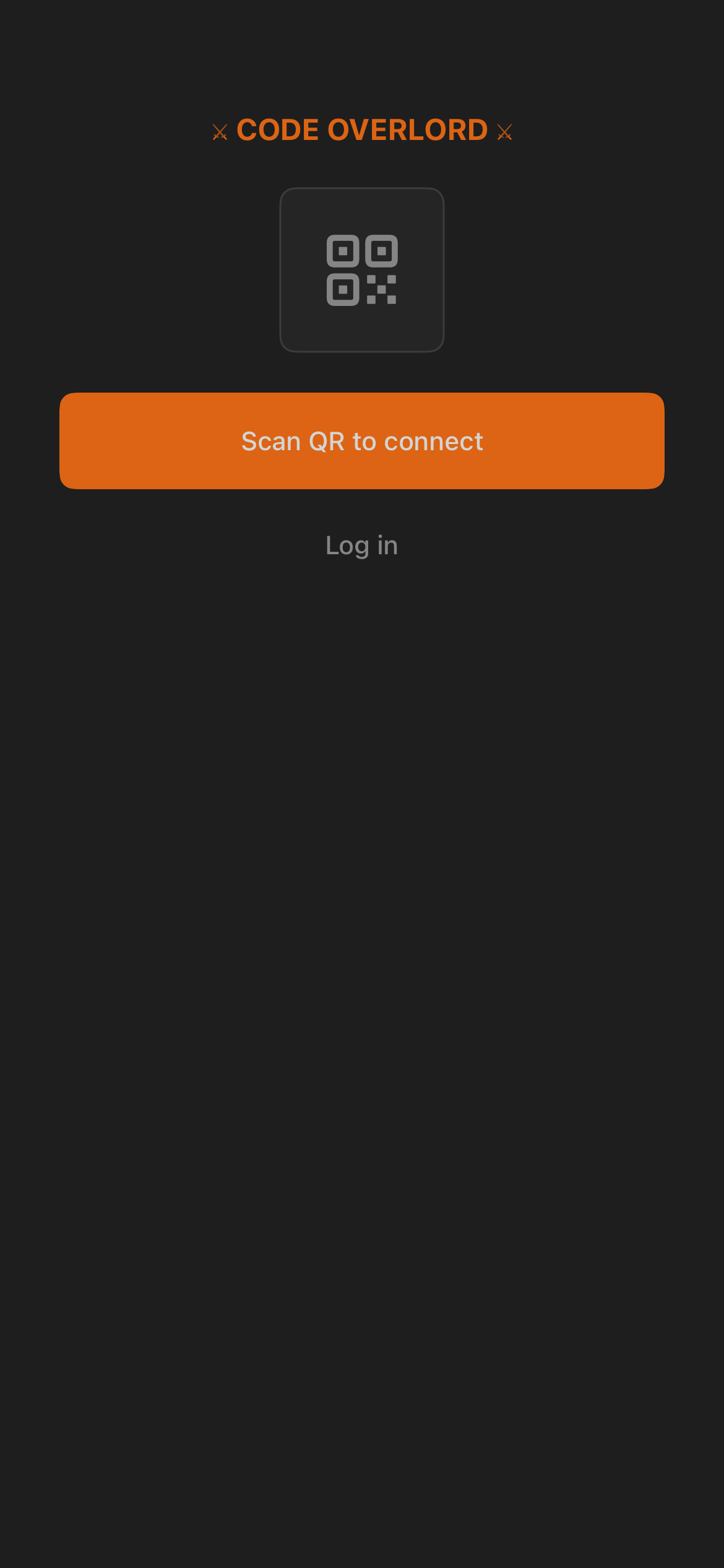 iOS login screen with Code Overlord title, QR scanner cue, Scan QR to connect button, and Log in option