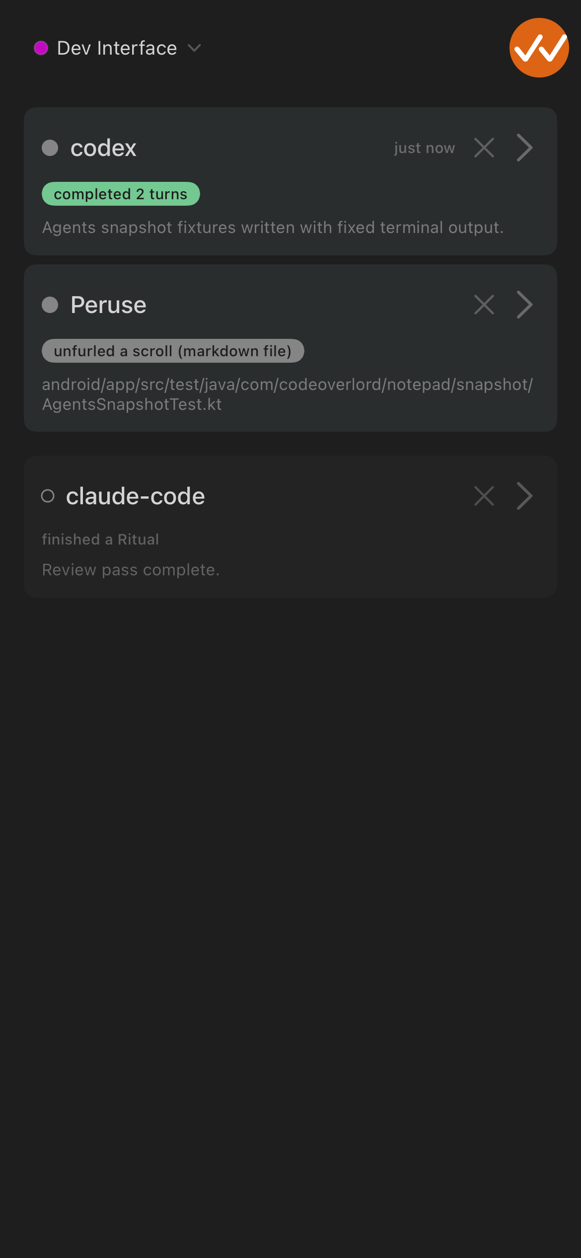 iOS Omens notification screen with notification rows and status styling
