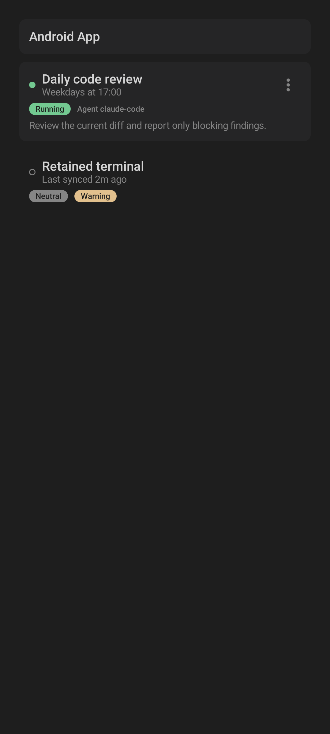 Android identity row primitive with icon, title, subtitle, and status affordance