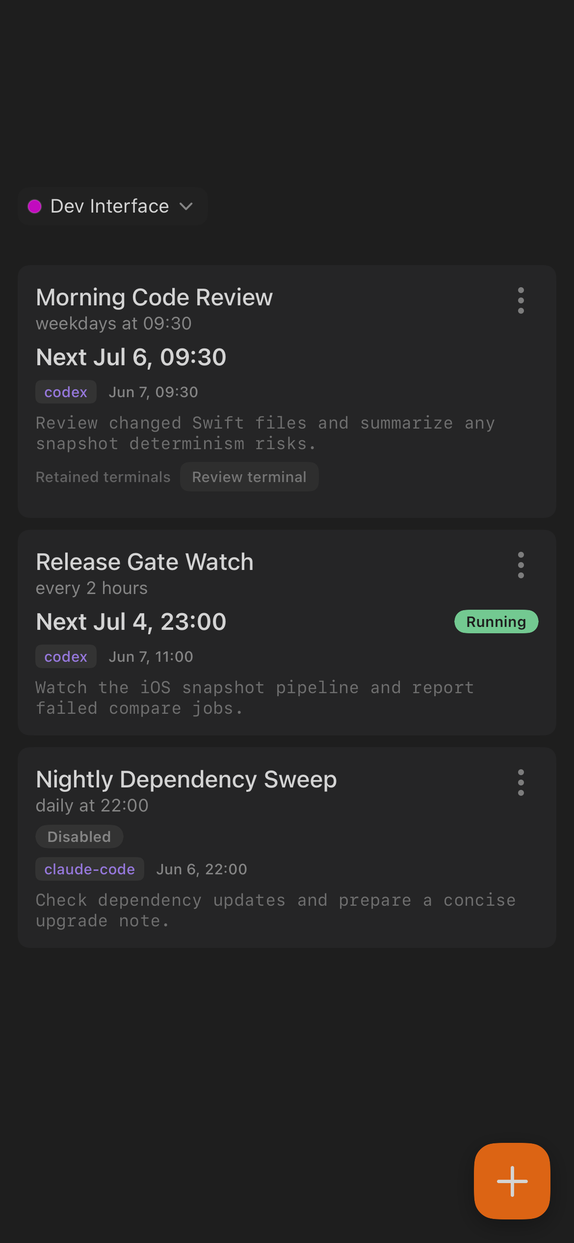 iOS Rituals screen showing scheduled task cards and add action