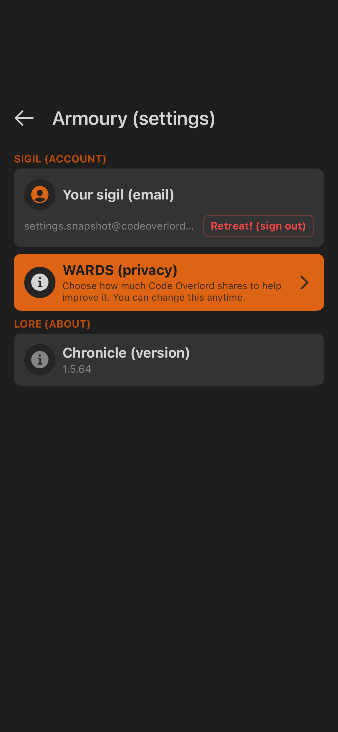 iOS Armoury settings screen with account, privacy, and lore sections