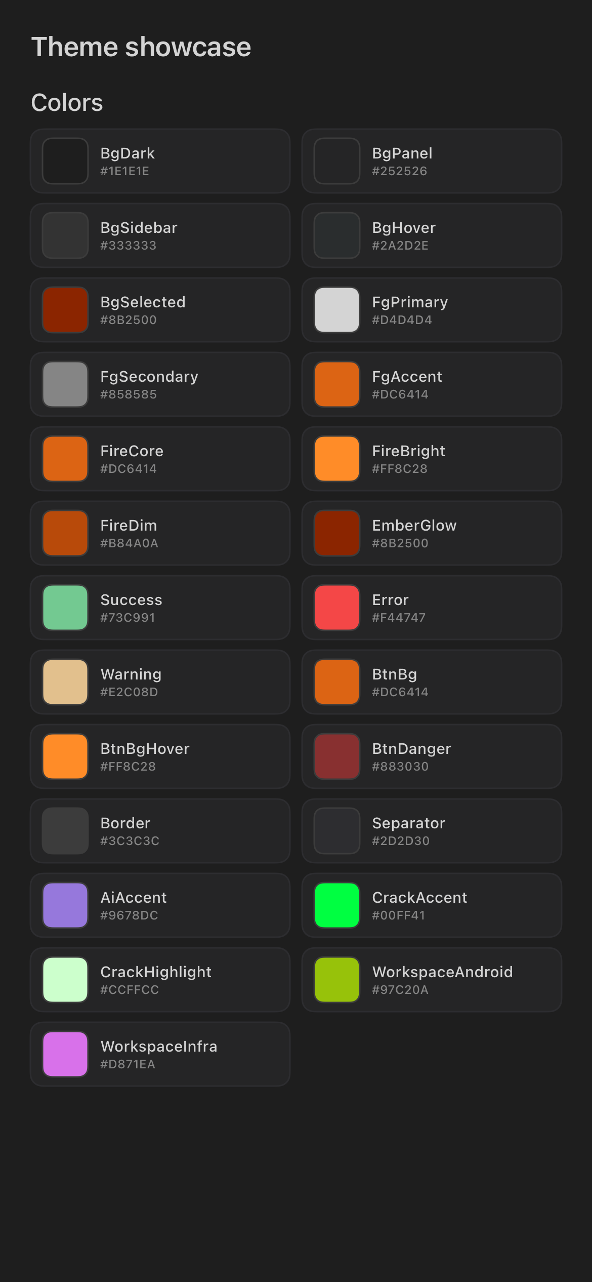 iOS theme showcase with background, panel, text, status, and fire accent colors
