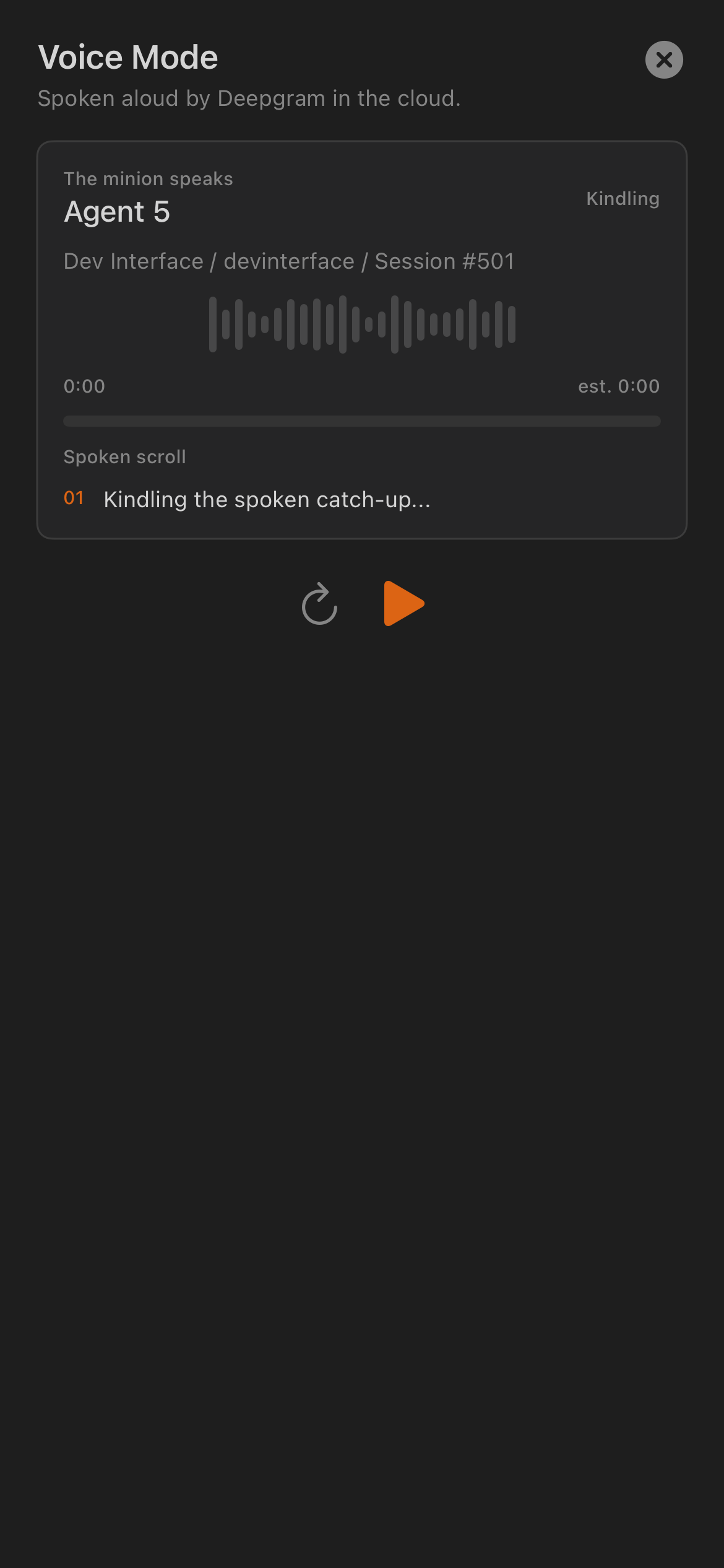 iOS Voice Mode sheet with voice controls for an agent session