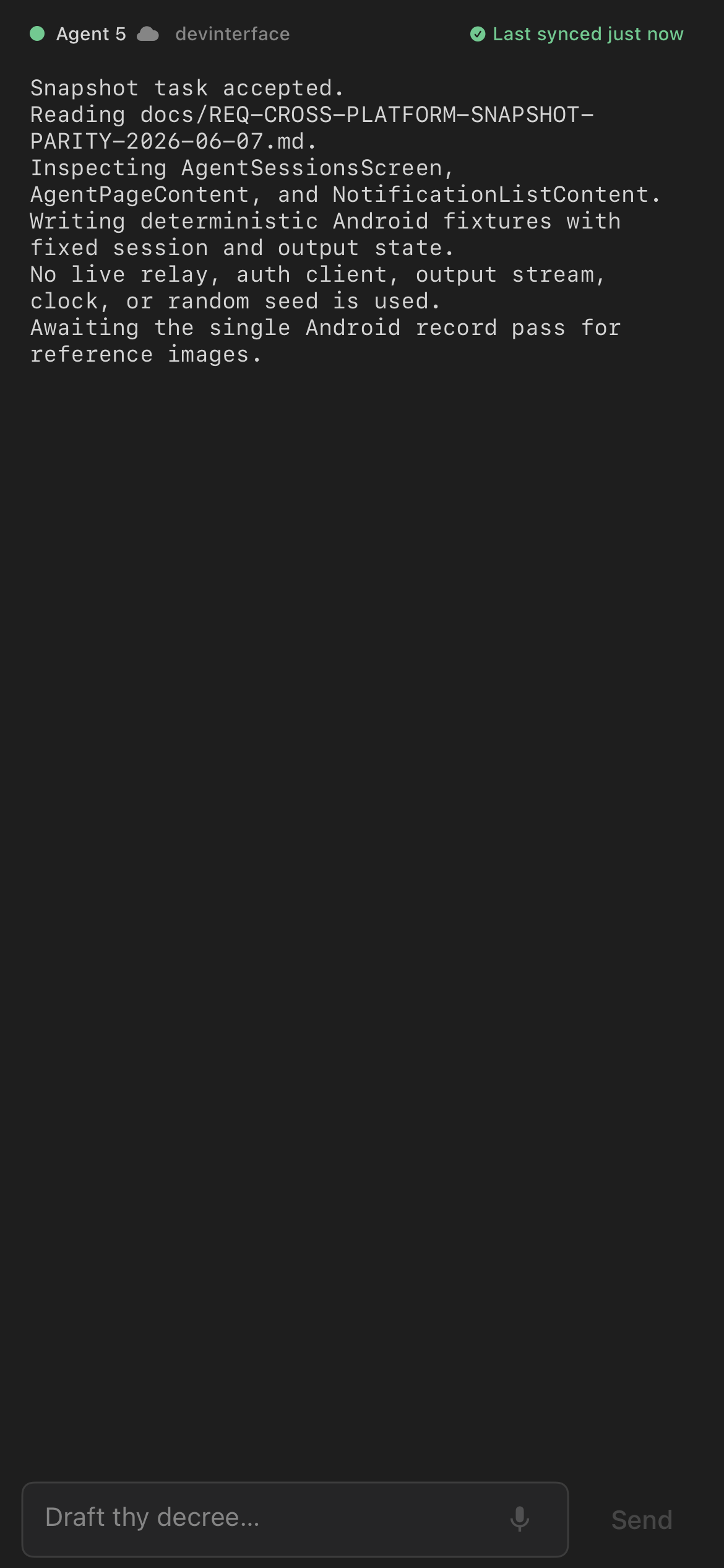 Agent page content showing terminal output and prompt controls