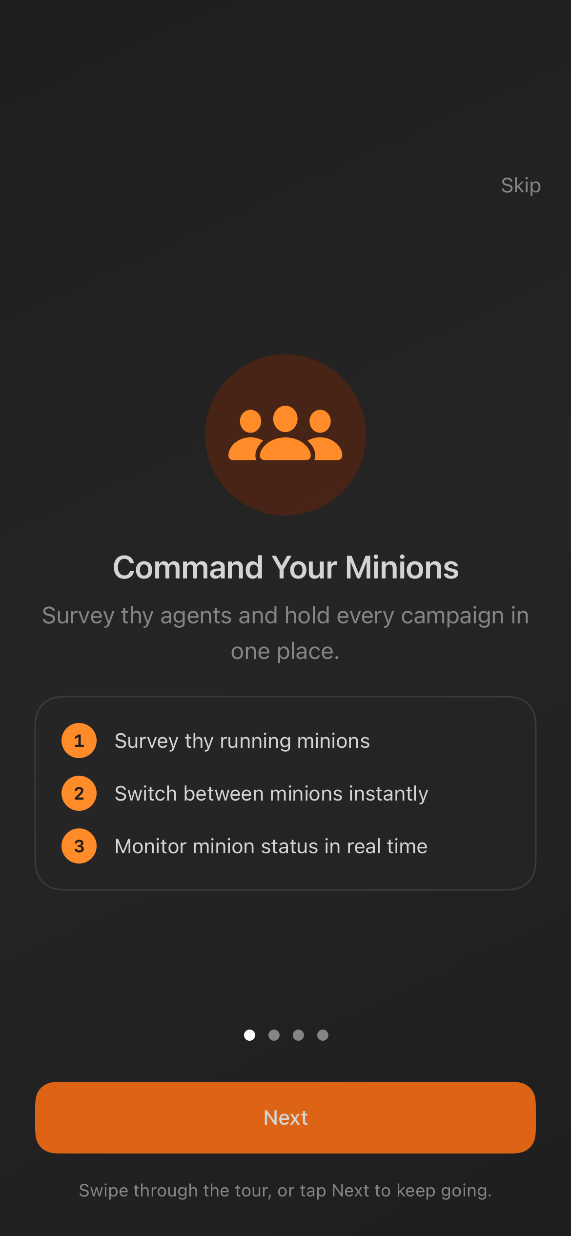 iOS onboarding quick tour showing the Command Your Minions page