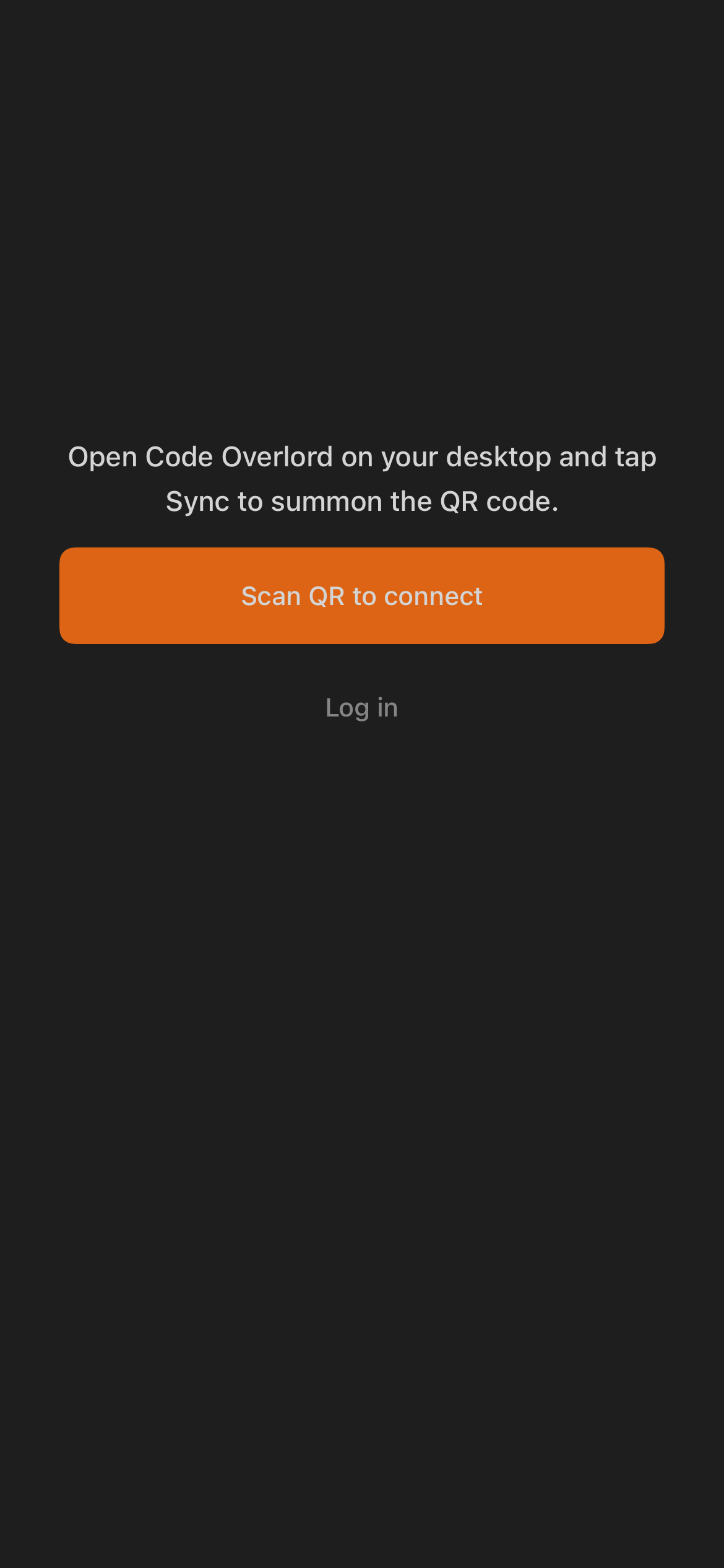 Code Overlord iOS welcome screen with Scan QR and Log in actions