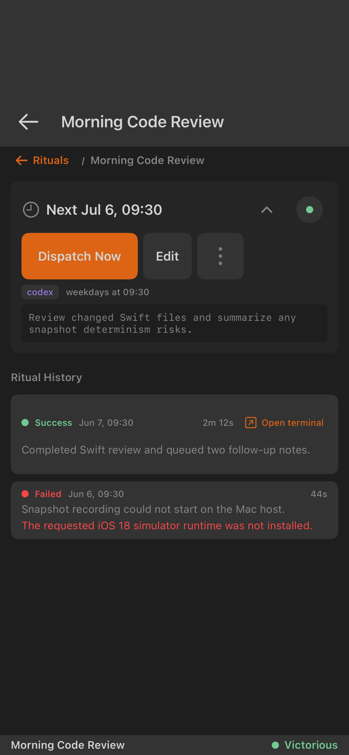 Ritual detail showing Dispatch Now, task controls, success and failed history entries