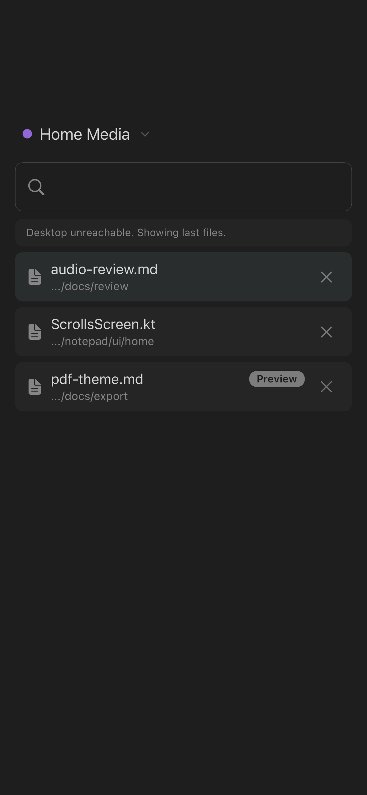 Scrolls tab listing files currently open on desktop